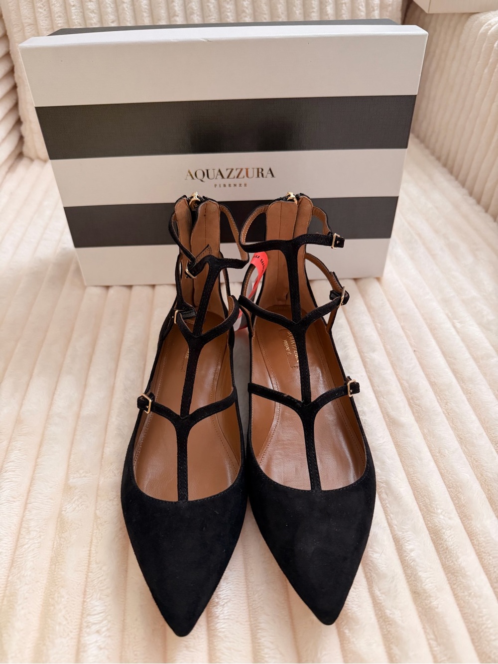 Aquazzura Eternity Ballet Flats Black 37 New Suede T-Strap Pointed-Toe